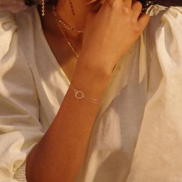 Imagem de Pulseiras de ouro femininas delicadas com pingente de 2 círculos, pulseira banhada a ouro 14 K, não mancha, para joias de aniversário de mãe, Medium, Latão, Sem Pedra Preciosa