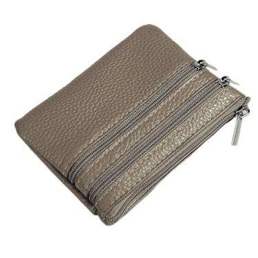 Imagem de Porta-moedas de couro genuíno com fecho de zíper, organizador de bolso pequeno premium para mulheres, Cinza, Small, Clássico