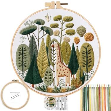 Imagem de FONNUY Padrão de bordado pré-estampado de girafa para iniciantes, kits de bordado boho para iniciantes, ponto cruz, costura, agulhas completas e kit de argola de linha (girafa 01)