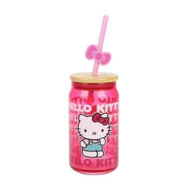 Imagem de Bioworld Copo de vidro Hello Kitty com texto repetido de 425 g com canudo e tampa