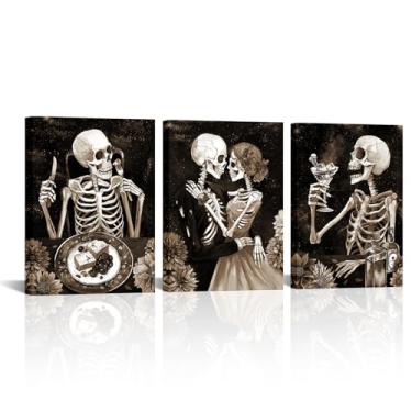 Imagem de FuShvre Esqueleto decoração de cozinha preto e branco esqueleto imagens de arte de parede para cozinha sala de jantar pinturas góticas temperamentais decoração de casa emoldurada 30,5 x 40,6 cm cada