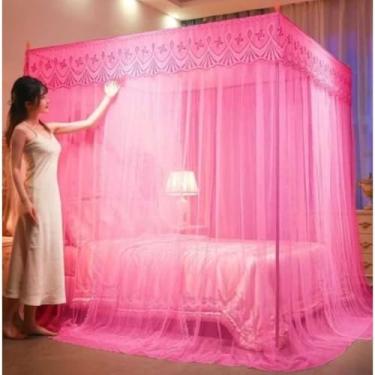 Imagem de Mosquiteiro Palácio Cortinado Casal com Armação de Ferro – Renda Indiano, 3 Aberturas Laterais, Luxo e Proteção Total(Rosa,Casal)