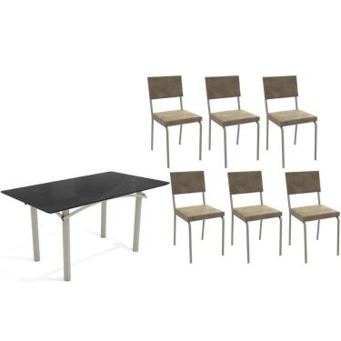 Imagem de Conjunto: Mesa De Cozinha Elba Tampo Madeirado C- Vidro 160cm E 6 Cadeiras Zaria Niquel-preto - Suede Bege - Kappesberg