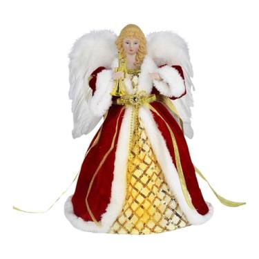 Imagem de Esquirla Estatueta de anjo no topo da árvore com luz, decoração delicada e clássica para mesa, ano, artigos para festa em casa, Vermelho