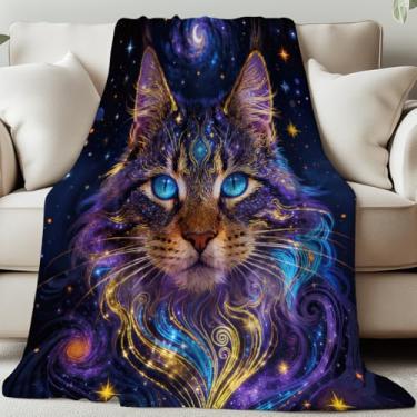 Imagem de GLOBLELAND Cobertor de gato galáctico 139 × 139 cm gato mágico macio aconchegante flanela joga estrelas e luas cobertor lavável para casa, escritório, quarto, cama, sofá, cadeira, presentes