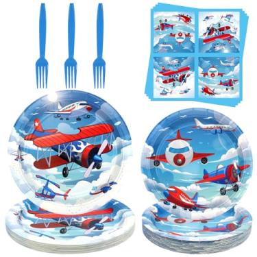 Imagem de Airplane Party Supplies - Camping Party Tableware - Dinner Plates, Dessert Plates, Napkins, Forks for Plane Theme Party, Baby Shower Supplies, Serves 25