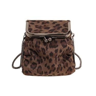 Imagem de Bolsa tiracolo pequena de camurça leopardo com estampa de guepardo, camurça sintética, com fecho de beijo, bolsa de mão para noite com corrente, Café
