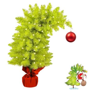 Imagem de Árvore de Natal peculiar, árvore de Natal dobrável verde limão, árvore de Natal artificial com galho com ornamentos de bola e base de cimento, decoração de férias perfeita para decoração de festa de