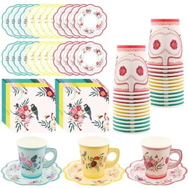 Imagem de Xícaras de chá descartáveis - pacote com 24 xícaras de chá e pires de papel 255 g xícaras de chá florais com alça suprimentos de decoração de festa de chá para crianças, meninas, canecas de café
