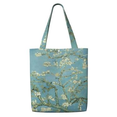 Imagem de Sacola de lona estética para mulheres, bolsas de ombro reutilizáveis para férias, compras, trabalho, mercearia, Flor de amêndoa Van Gogh, One Size, Bolsa