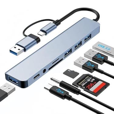 Imagem de Hub USB A/C, adaptador multiportas 8 em 1 para laptops, cartão SD/TF, 3 portas USBA 2.0 e 1 USB 3.0 e 1 porta de dados USBC, áudio 3,5, cabo de 13,5 cm, hub USB para consoles de jogos, telefones e