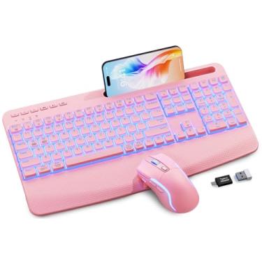 Imagem de Conjunto de teclado e mouse rosa sem fio, 4000 mAh recarregável, teclado silencioso e retroiluminado, teclado ergonômico USB com descanso de pulso e suporte de telefone para PC, Mac, Windows