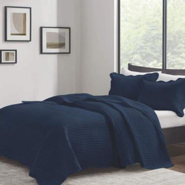 Imagem de Kit Cobre Leito Casal Milão Liso + 2 Porta Travesseiros Geometrico Marinho