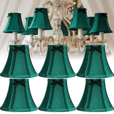 Imagem de Threehoney Pacote com 6 abajures de veludo de Natal com laço, abajures em forma de império de 12,7 cm x 15,2 cm para candelabro de parede para decoração de casa festiva de férias (verde)