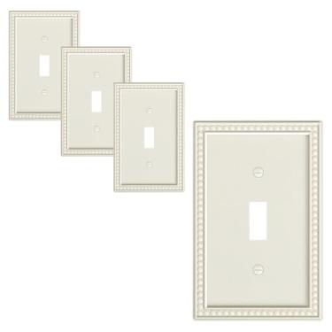 Imagem de TREEWELL Pacote com 4 placas de cobertura de interruptor de luz única, capas decorativas de pérolas, policarbonato inquebrável, placa de parede de 1 gangue de amêndoa clara, resistente à corrosão