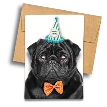 Imagem de Fava Bean Productions Cartão de aniversário Pug preto, design de chapéu de feliz aniversário de cachorro e gravata borboleta - 549
