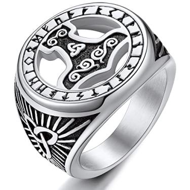 Imagem de ChainsProMax Anel Viking celta/bússola náutica/anel de martelo do Thor, pode gravar, tamanho nº 07 - nº 14 anéis de espírito de runa nórdico, aço inoxidável/caixa de presente preta, Metal, não conhecido