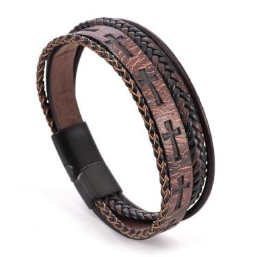 Imagem de REchoLI Pulseira masculina cruzada de couro preto/marrom com fivela de aço inoxidável, pulseira religiosa de várias camadas, 21, Aço inoxidável, Sem Pedra Preciosa
