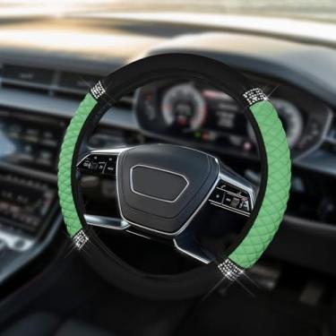 Imagem de HQRNYP Capa de volante de couro macio brilhante, protetor de volante, 38 cm colorido strass elástico, acessórios de carro de couro diamante antiderrapante para mulheres e meninas (verde)