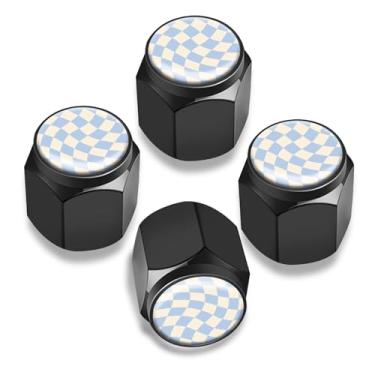 Imagem de 4 peças de tampas de haste de válvula de pneu de metal, tampas de válvula de ar universais de alumínio para carros, caminhões, SUVs, bicicletas, motocicletas, design elegante, xadrez ondulado azul