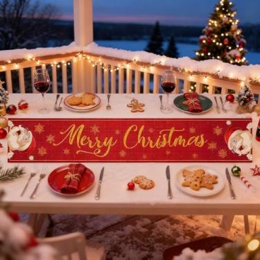 Imagem de Caminho de mesa de Natal, decoração de jantar de férias estilo vintage com design de Papai Noel e floco de neve para mesas festivas