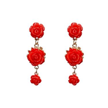 Imagem de YUNXI Brincos femininos com pingente de flor de rosa vermelha com borla longa, Large, Resina, Sem pedra preciosa