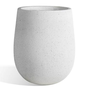 Imagem de Worth Vaso redondo grande branco de jardim, 31,8 cm de diâmetro x 47 cm A Vaso leve de cimento de óxido de magnésio com acabamento listrado texturizado, aparência de concreto com padrão elevado