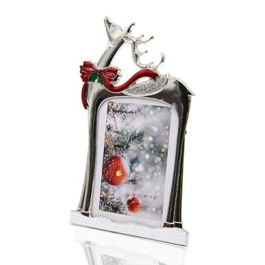 Imagem de Porta-retrato de rena de Natal, 10 x 15 cm – Moldura de metal prata com laço vermelho e design festivo, decoração de Natal de mesa e presente para família, amigos, decoração de casa (prata)