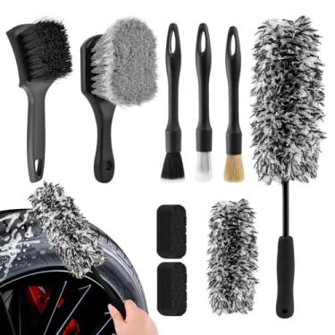 Imagem de Kit profissional de limpeza de roda de carro, escova de pneu, escova de aros de cerdas macias, escovas de roda plana de microfibra, escovas de detalhes de ponta dupla, almofadas de detalhamento, sem