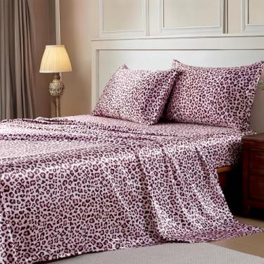 Imagem de MR&HM Lençóis de cetim com tiras elásticas no canto, conjunto de lençóis de tamanho completo, conjunto de cama de seda com 4 peças com bolso profundo de 38 cm para colchão (casal, leopardo rosa)