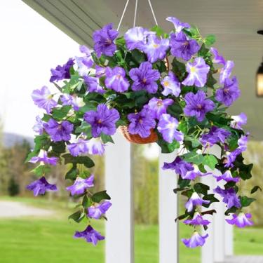 Imagem de Ritzephyria Pacote com 2 flores artificiais de petúnias roxas resistentes a UV – Petúnias falsas realistas com flores grandes – cesta suspensa e decoração de jardim (mistura roxa e branca)