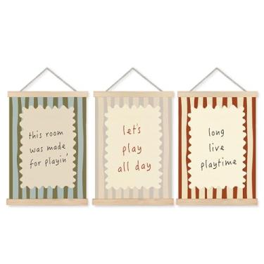 Imagem de RLTXBUK Cartazes de arte de parede para sala de jogos infantis, decoração de parede de sala de jogos, decoração de quarto infantil, estampa moderna retrô cinza rosa e vermelha listrada, arte em tela