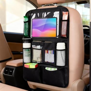 Imagem de Protetor de assento traseiro preto com suporte de tablet para tela sensível ao toque, 9 bolsos de armazenamento, organizador de banco traseiro de carro