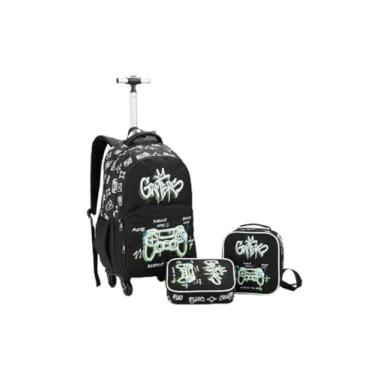 Imagem de Kit Mochila Escolar Juvenil Gamer com Rodas 360°,3 Peças, Estampa Graffiti, Preto e Verde, Para Meninos