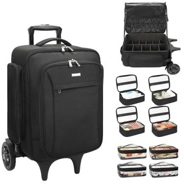 Imagem de Relavel Estojo de maquiagem com 4 bolsas de maquiagem extra transparentes, organizador de maquiagem grande com 2 rodas grandes, mochila profissional de maquiagem com divisórias ajustáveis para