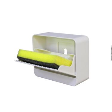 Imagem de Porta Esponja de Parede, Acrílico Branco, 5x10x12cm, com Reservatório para Água, Instalação Adesiva, para Cozinha e Banheiro