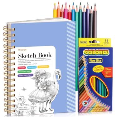 Imagem de Caderno de esboço com conjunto de 12 lápis de cor, caderno de esboço espiral de 90 folhas para desenho (30,8 kg/100 gsm), bloco de esboço sem ácido para crianças artistas, materiais de desenho de