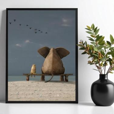 Imagem de Quadro Decorativo Elefante E Cachorro - Praia 24X18Cm -Vidro - Quadros