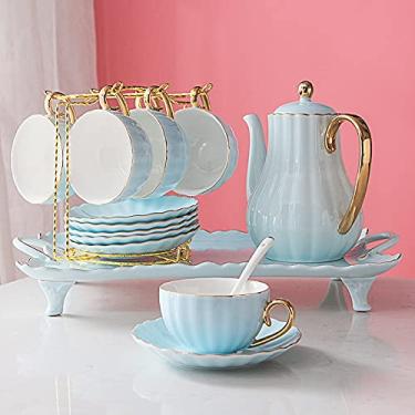 Imagem de Conjuntos de chá de porcelana conjunto de xícara de café e pires conjunto de xícaras de café conjuntos de chá da tarde com suporte de metal para uso doméstico, azul (rosa) (rosa) (azul)