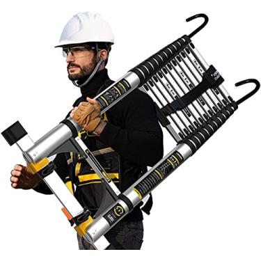Imagem de Escada telescópica de alumínio portátil resistente, escada telescópica dobrável com gancho de teto e barra estabilizadora, extensão de capacidade máxima de 150 kg La