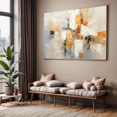 Imagem de Quadro com Moldura e Acrílico Cristal Abstrato Bege Branco Marrom Dourado – Arte Decorativa Horizontal Sala Quarto Hall (40x60, Preto)