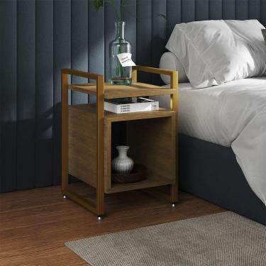 Imagem de Mesa De Cabeceira Industrial Marrocos Ferro Dourado E Tampo Freijó