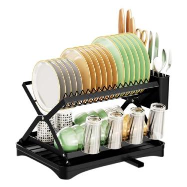 Imagem de BSNANCA Escorredor de louça grande dobrável, escorredor de pratos multifuncional de 2 camadas com suporte de utensílios e suporte de copos, economia de espaço, escorredores de pratos para balcão de