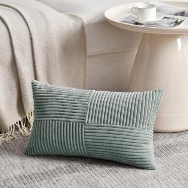 Imagem de Fancy Homi Capas de almofada decorativas para lombar cinza azul 40 x 70 cm para sofá-cama, decoração de casa boho, decoração de casa rústica de veludo cotelê listrado macio retângulo 40 x 70 cm