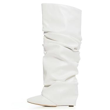 Imagem de Yishaweiqi Botas femininas dobradas franzidas despojadas com salto cunha de couro envernizado, cano alto, bico fino, botas casuais, Branco, 37