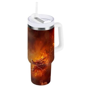 Imagem de xigua Copo vintage com estampa de dragão de 850 g com tampa e canudo, aço inoxidável de vácuo duplo isolado garrafa de água esportiva suporte para copo de café de viagem à prova de vazamento para