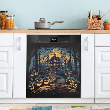 Imagem de ATTX Capa de ímã de lava-louças com elementos de Halloween, 58,4 cm C x 66 cm A, decoração da capa da máquina de lavar louça, decalques de armário doméstico e eletrodomésticos adesivos #130