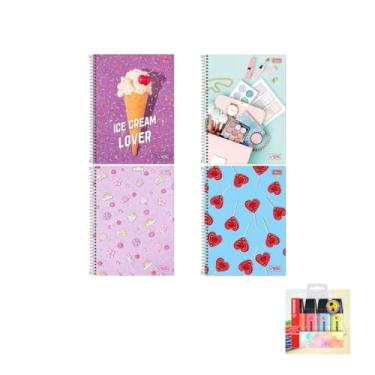 Imagem de Kit Caderno Universitário Vibe Feminino 1M 80F Tilibra Caneta Esferográfica 0.7mm Cis Marca Texto Boss 04 Cores Pastel