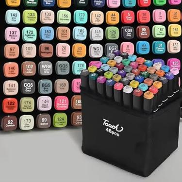 Imagem de Conjunto De Canetinhas Coloridas Tipo Marcador Permanente Com Duas Pontas Ideal Para Desenho Profissional Escolar E Ilustração Acompanha Estojo Organizador (48 Cores)