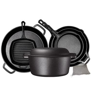 Imagem de Conjunto de 6 peças de ferro fundido pré-temperado para presente, duplo holandês, multicozimento, frigideira e grelha quadrada, conjunto de utensílios de cozinha para acampamento, 8 Piece